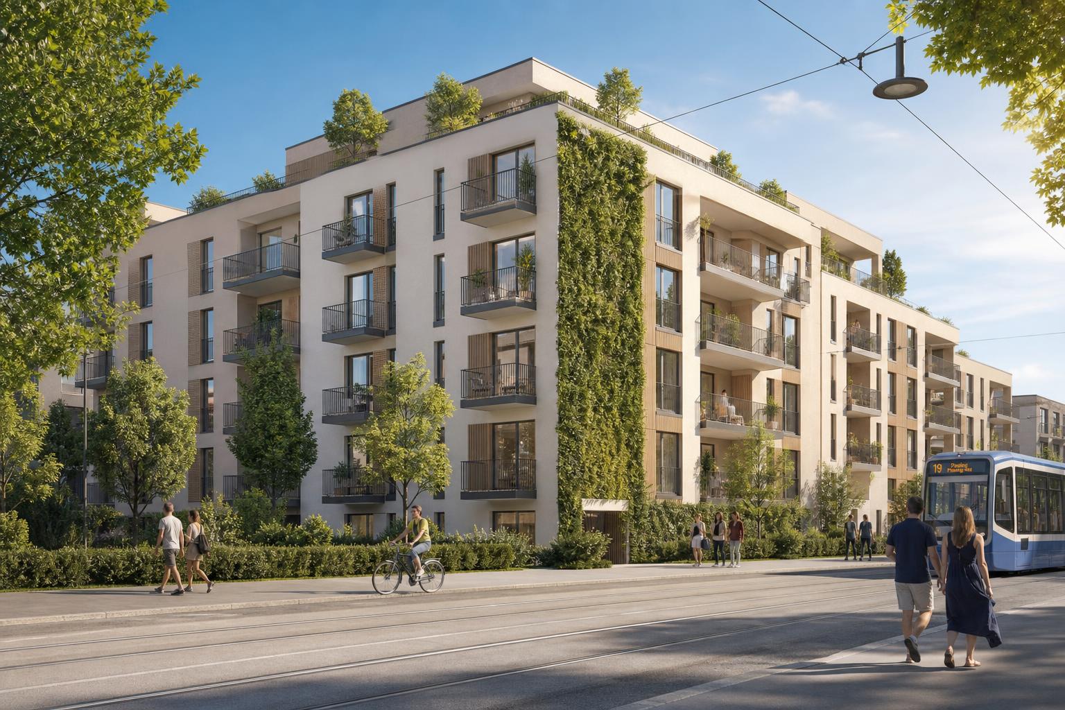 Modernes nachhaltiges Wohnquartier mit Grünanlagen
